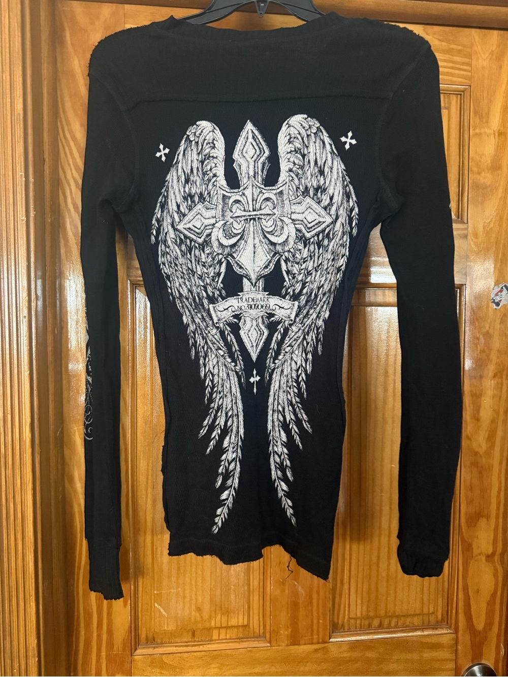 Affliction Black Long-Sleeve Thermal Top with White Angel Wing Cross Graphic